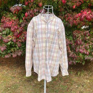 vintage LL Bean shirt plaid button up band collar top 90s linen cotton | M - L |